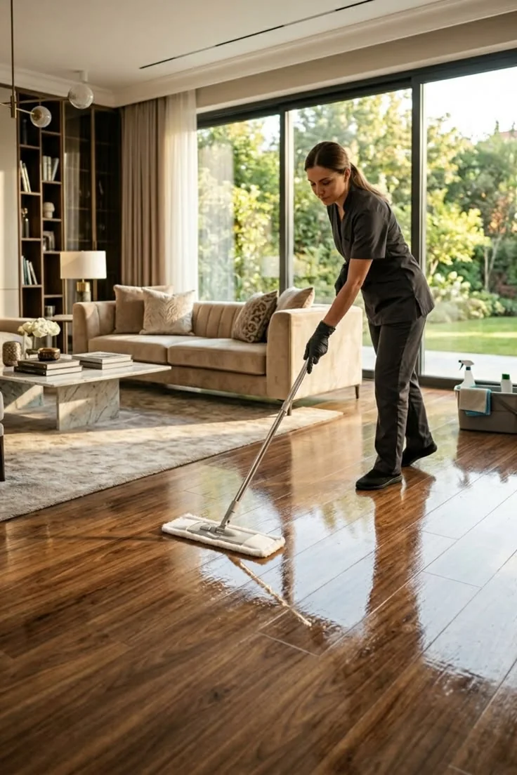 Professional cleaner mopping a modern home in Dubai